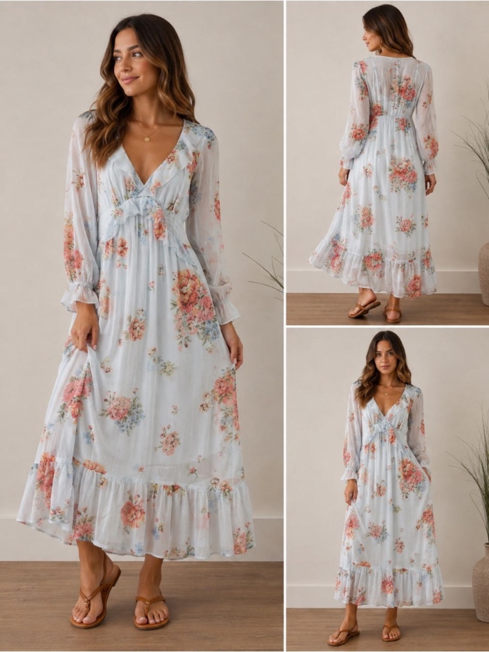 Patrons of Peace Powder Blue Floral V-Neck Maxi Dress
